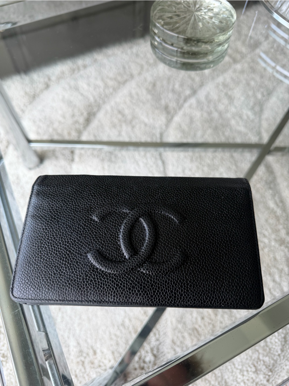 CHANEL Black Caviar Leather Continental Wallet with Raised CC